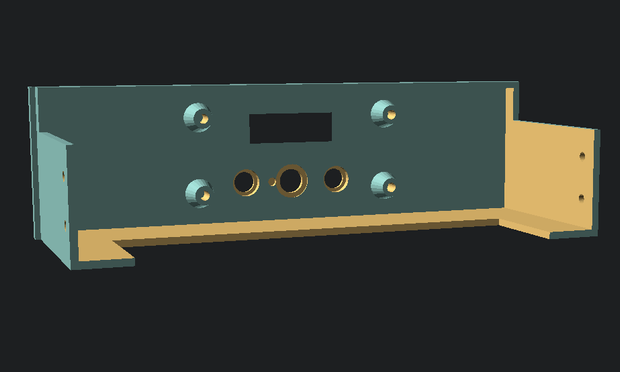 5.25" sized control panel for MT32-pi. Features an OLED display, two button holes and a rotary encoder. Stalks for mounting PCB with screws visible. Back view.