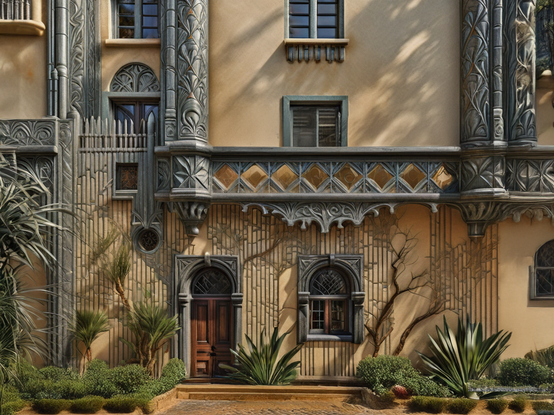 An ornate apartment building with intricate architectural details, including carved columns, balconies, and decorative window frames. Cast shadows from surrounding foliage add depth to the scene.