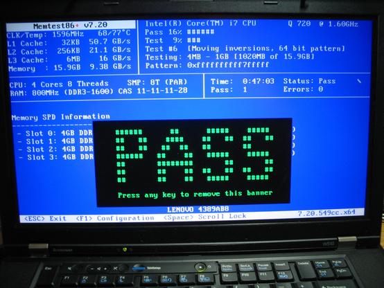 MemTest86+ (a DIMM/SODIM testing tool) showing a passing score on four 4GB memory modules in a ThinkPad W510