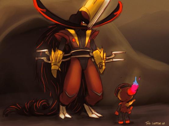 A Charcadet looks upwards at the considerably taller Kingambit standing before them.