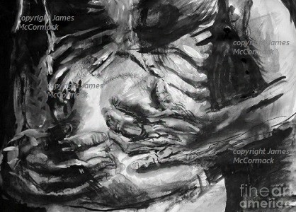 Hunger is a drawing in ink and charcoal showing black hands holding a belly glowing white with hunger, a reflection on increasing hunger where I live in Brazil, after hunger being practically eradicated over the last thirty years.