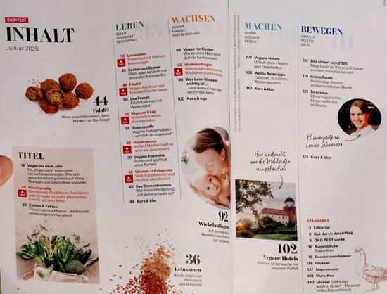 Doppelseite des Inhaltsverzeichnisses der Oekotest-Ausgabe 01/2025
