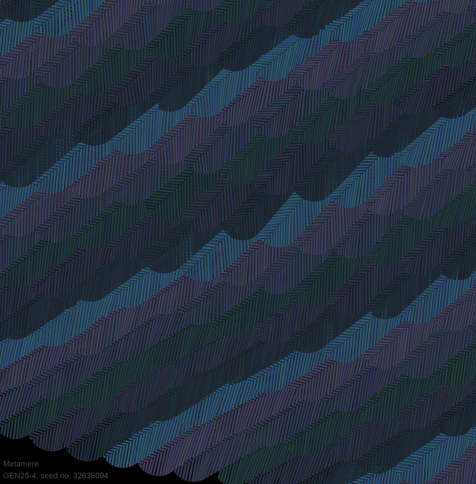 The feathers are laid out on a grid which is shifted slightly to better resemble a wing when it is tucked up. The feathers are all fairly uniform, and are based around a rectangle with rounded ends. Each feather is constructed of many smaller rectangles to represent each barbule. These smaller rectangles are clipped by the larger rounded rectangle. The base color palette was sampled from Chris Price's photo. Each feather has a color selected based on an underlying modulus pattern of the x and y positions in the grid, which can be varied from run to run. Each feather is also rotated on a smooth noise field, and has the width and height slightly jittered. Each barbule also has smooth noise rotation, and x/y jitter, as well as a slight color jitter. The feather array reminded me of storm clouds, so I titled this piece "Crow Feather Clouds".