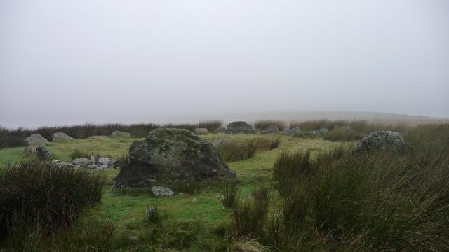 A ring of slabs of stone, standing upright with their tapering tops resembling the petals of a giant flower. The circle stands in a grassy hillside, with reedy grasses around it. Thick hill fog obscures any onward visibility.