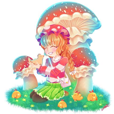 Digital art of little girl wearing red & white stripe sweater and green skirt, holding a chicken while sitting in the grass, surrounded by four baby chickens and giant mushrooms in the background.