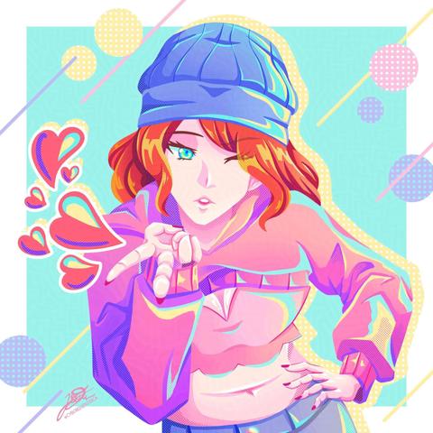 Digital art of my  OC, Laura, using pop colors combination including: pink, blue, aquamarine, and slight yellow.