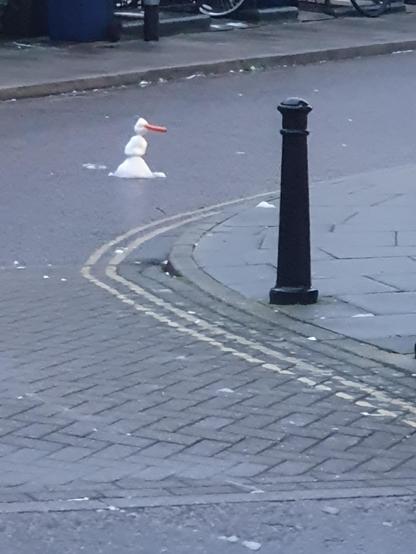 A mini snowman with an enormous carrot nose stands in the road out the front of our house!