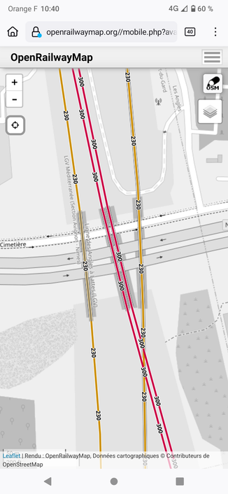 OpenRailwayMap screenshot showing the misrendered bridge.