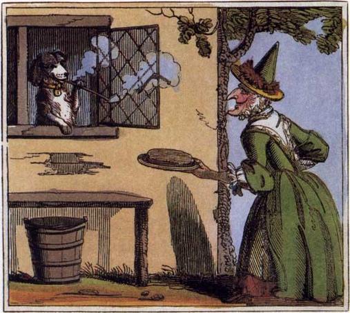 Illustration from 1819 edition of "The Comic Adventures of Old Mother Hubbard and her Dog". She took a clean dish to get him some tripe; When she came back He was smoking his pipe.