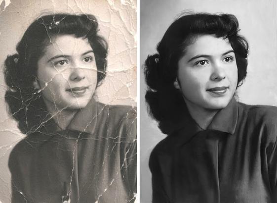 Repair damaged young woman old photo.