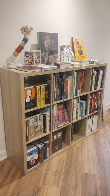 Bookcases full of French and English language graphic novels