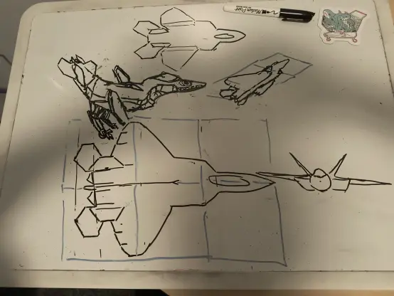 Sketches of an F22's top, front and diagonal profile, and an attempt to draw one as a semi-mechanized aeromorph.