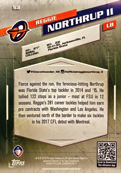Image features a trading card for Reggie Northrup II, a linebacker. It includes his height, weight, birthday, college, and a brief biography highlighting his career statistics and accomplishments in both college football and professional play.