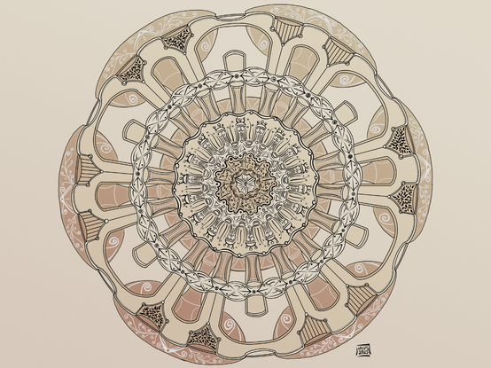 symmetrical mandala-style line drawing with beige coloring
