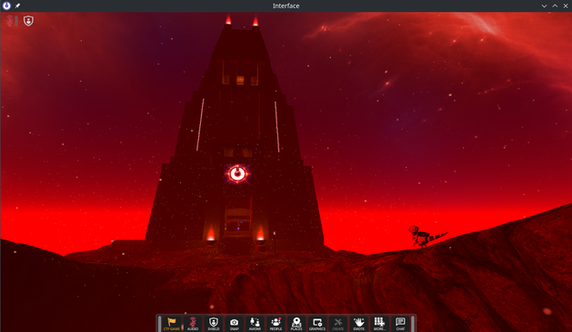 Screenshot of a virtual world in Overte containing tower on an island floating high in the sky over planet with bright red atmosphere.