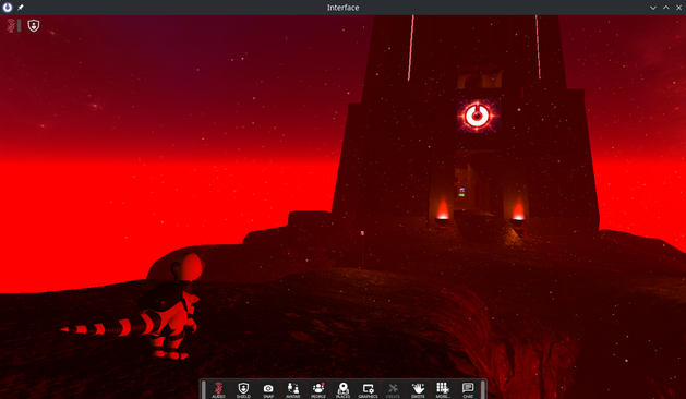 Screenshot of a virtual world in Overte containing tower on an island floating high in the sky over planet with bright red atmosphere.