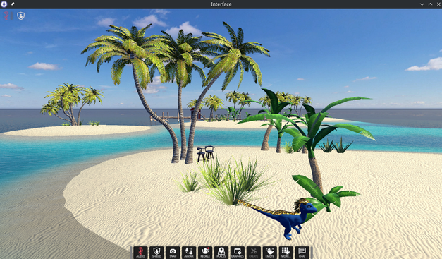 Screenshot of tropical island world in Overte