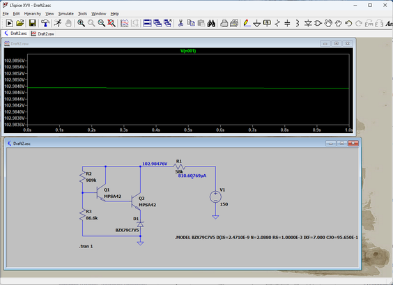 Capture d'écran de LTSPICE montrant le montage (deux transistors montés en darlington avec un diviseur de tension à la base et une zener dans l'emetteur ). La sortie du montage indique 102.98V