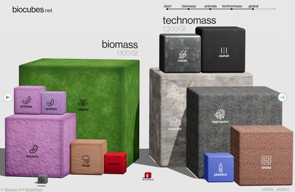 screenshot comparing the biomass (1100 Gt) with the technomass (1300 Gt).