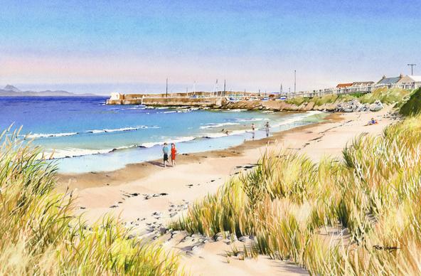 A couple walk by the water's edge on a beach of nearly white sand in front of a blue sea at left with gentle surf. In the background is a harbour. We're on the dunes surrounded by sea grass. At far left, in the distance, are the mountains of Scotland's far north across the Moray Firth. Some children also play further along the beach.