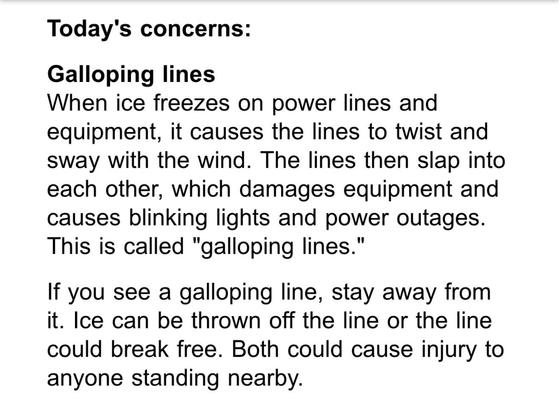 Today's concerns:
Galloping lines
When ice freezes on power lines and equipment, it causes the lines to twist and sway with the wind. The lines then slap into each other, which damages equipment and causes blinking lights and power outages.
This is called "galloping lines."
If you see a galloping line, stay away from it. Ice can be thrown off the line or the line could break free. Both could cause injury to anyone standing nearby.
