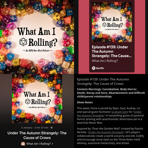 Social graphic composed of screenshots showing the latest episode of What Am I Rolling? being out on podcast platforms.