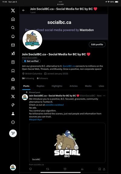A screenshot of a profile and post from @joinsocialbc on X of socialbc.ca
