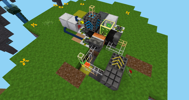 Screenshot from the minetest game where a lot of technic-looking blocks and tubes are placed on a flat underground of grass-blocks.