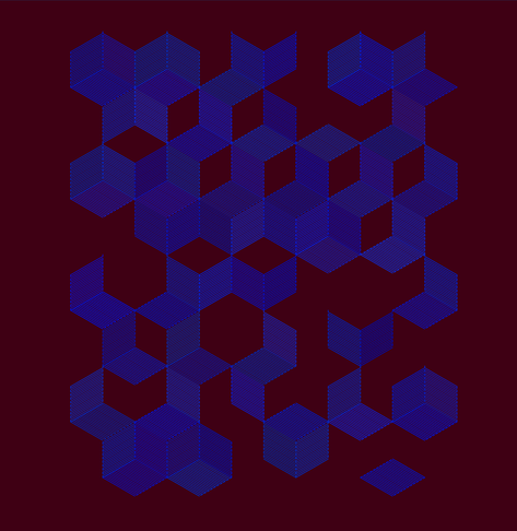 A field of blue cubes on a maroon background, with shading indicated by parallel lines. Cube faces are randomly there, or not.