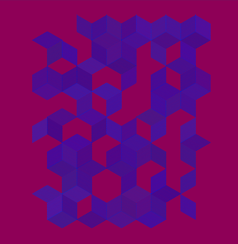 A field of blue cubes on a dark pink background, with shading indicated by parallel lines. Cube faces are randomly there, or not.