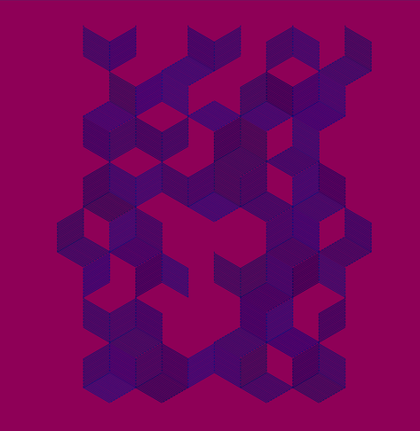 A field of dark blue cubes on a dark background, with shading indicated by parallel lines. Cube faces are randomly there, or not.