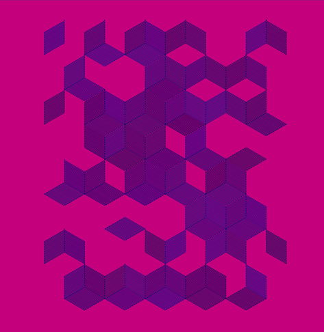 A field of dark blue cubes on a bright pink background, with shading indicated by parallel lines. Cube faces are randomly there, or not.