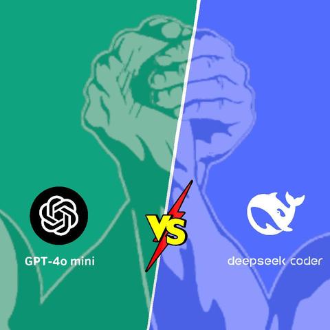 The image showcases a dynamic visual representation of a competition between two software platforms: GPT-4o mini and Deepseek Coder. The left side is colored in a vibrant green, featuring a stylized hand gripping a fist, symbolizing strength and capability. The logo for GPT-4o mini is displayed prominently in the center, enclosed in a black circle. 

Contrasting this, the right side is rendered in a striking blue, with a similarly depicted hand in a fist position, suggesting competition and determination. The Deepseek Coder logo, resembling a whale, is located in this section, reinforcing its brand identity.

In the center, a bold lightning bolt graphics overlays the images, accompanied by the word "VS," emphasizing the competitive nature of the visual. Overall, the image conveys a sense of rivalry and innovation in the tech space, making it appealing for discussions about emerging AI technologies or software development tools.