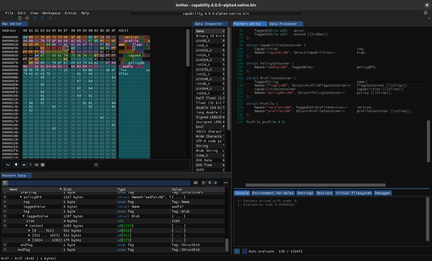 Screenshot of ImHex running on GNOME desktop, showing a trivial apparmor profile on the left and the pattern language describing it on the right. Bottom left shows evaluated data tree.