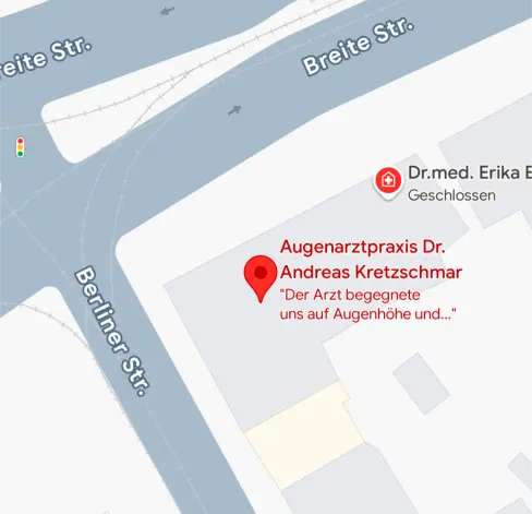 screenshot google maps, eine Augenarztpraxis ist markiert mit einem teil der rezension: "der arzt begegnete uns auf augenhöhe...'