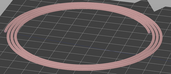 A preview of some 3d printing gcde. The extruded plastic is in some weird (fleshy??) pink color. There are about 3 1/2 spirals, and the view is oriented so that you can see the bundle of individual tracks that create an approximately octagonal cross section.