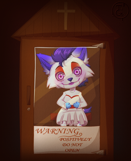 - Drawing Type:
Chibi Style / Cell Shading / Fullbody

- [ 1 ] Character/s:
* Furry / Male / Hyena

- Background:
Simple [The box here the doll of Annabelle is]

- Description:
A white hyena with some purple details on hist ears and hair, blue hands and using red makeup, dressing himself as Annabelle, the doll of the horror movies
