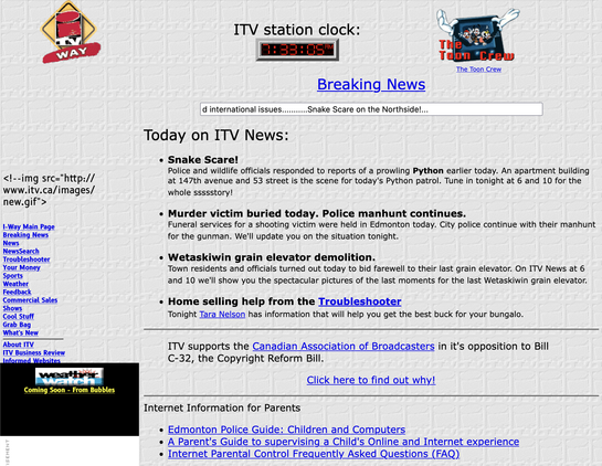 Screenshot of the ITV station's website in 1996, featuring a textured background, bold 'Breaking News' headlines, and blocky navigation links. Highlights include a "Snake Scare!" headline, Comic Sans-esque fonts, and a delightfully dated "The Toon Crew" logo.