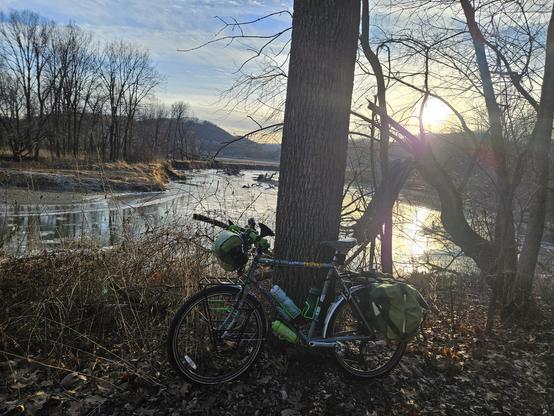 Bicycle with green bags leaned up against a leafless tree. In the background is a curving river, sunlight reflecting on the water, more leaflets trees on the river banks.