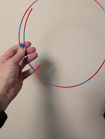A loop of fast color change filament I just printed. It alternates between shorter sections of blue and longer sections of red.