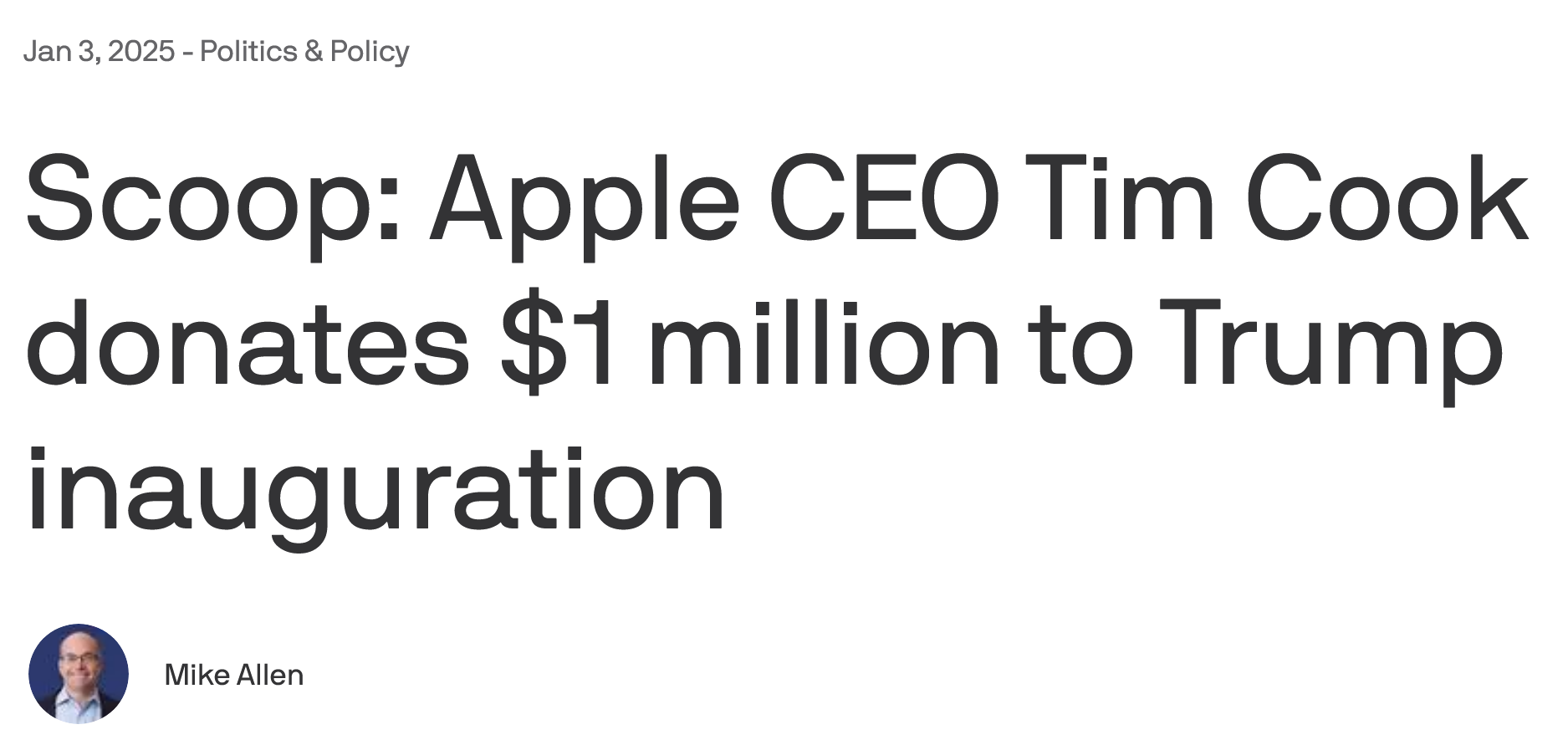 Scoop: Apple CEO Tim Cook donates $1 million to Trump inauguration