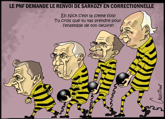 Caricatures de Sarkozy, Guéant, Woerth, et Hortefeux en frères Dalton et tenus de prisonniers. Ils portent leur boulet et avancent en ligne. Hortefeux demande: "Eh Nick! C'est la 17eme fois! Tu crois que tu vas prendre pour l'ensemble de ton œuvre?"