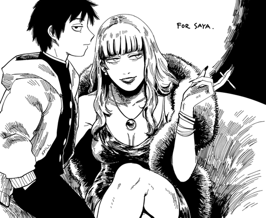 Mob Psycho 100 age swap fan art. A drawing of Minori, a woman with light long hair with bangs down to her eyebrows, red lips and long manicured nails, wearing a short dress with a low cleavage, a large pendant that hangs on her chest, bracelets and a furry coat over one shoulder, and Mogami, a boy with shaggy short black hair, wearing an oversized jacket over a school uniform.

Minori sits on an individual couch with her legs crossed, leaning forward with a smile, looking to the side. She holds a cigarette on her left hand. Mogami sits on the arm rest of the couch to Minori's right, hands in his pockets, looking bored. He stares directly at the viewer from the corner of his eye.