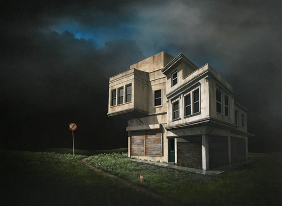 A nestled group of buildings in a dark landscape. Oil and acrylic on canvas.