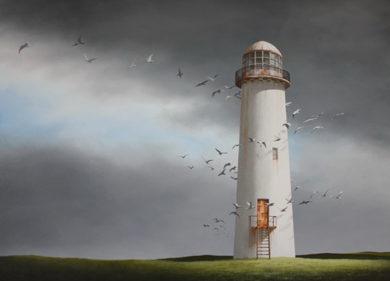 Gulls spiral a large white lighthouse. Oil and acrylic on canvas.