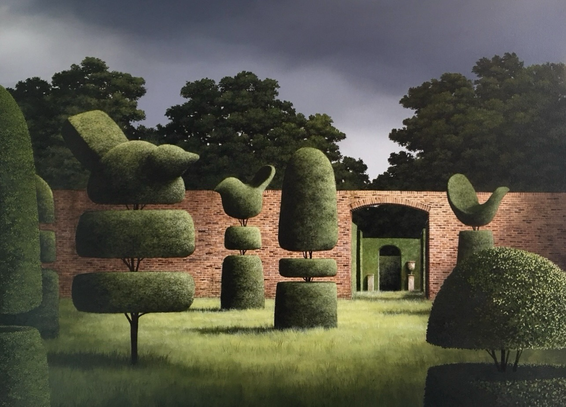 The Missing Urn. A moody walled topiary garden. Oil and acrylic on canvas.