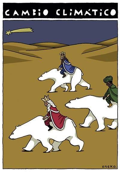 Cartoon representando os Três Reis Magos, montados em ursos polares em vez de camelos. O fundo é um deserto castanho-esverdeado. No topo, um cometa. O título da imagem é "CAMBIO CLIMÁTICO". Os três reis estão vestidos com trajes tradicionais, mas o contexto da imagem indica uma mensagem sobre as mudanças climáticas e o degelo polar.