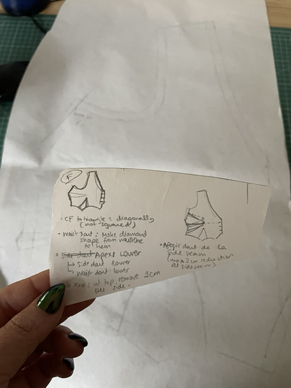 In the background, blurred, the front of a waistcoat pattern. In focus is a paper scrap held by a white person’s hand. Paper had the sketch of the before and after waistcoat front pattern, and has some notes in English and Catalan about changes to be made.