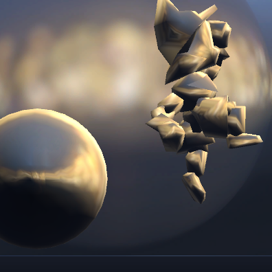 A sphere and a low poly character rendered with an environment map, giving the appearance of a reflective surface.
