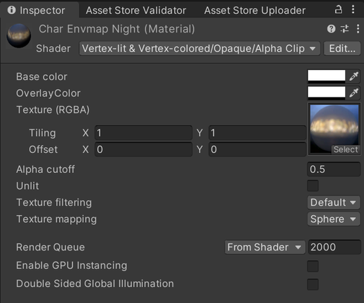 What a reflection-mapped material with my shader looks like in the Unity inspector; a fisheye-style image is used as the source texture, and "Texture mapping" is set to "Sphere"
